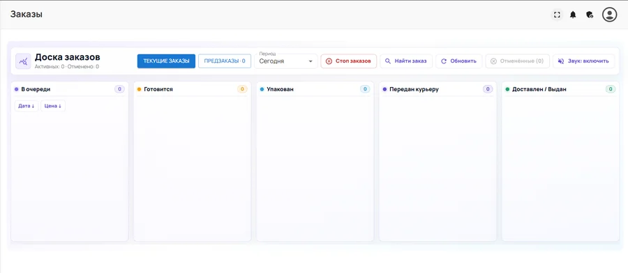Доска заказов в CMS Фронтариум — Заказы распределены по этапам: от очереди до доставки или выдачи.